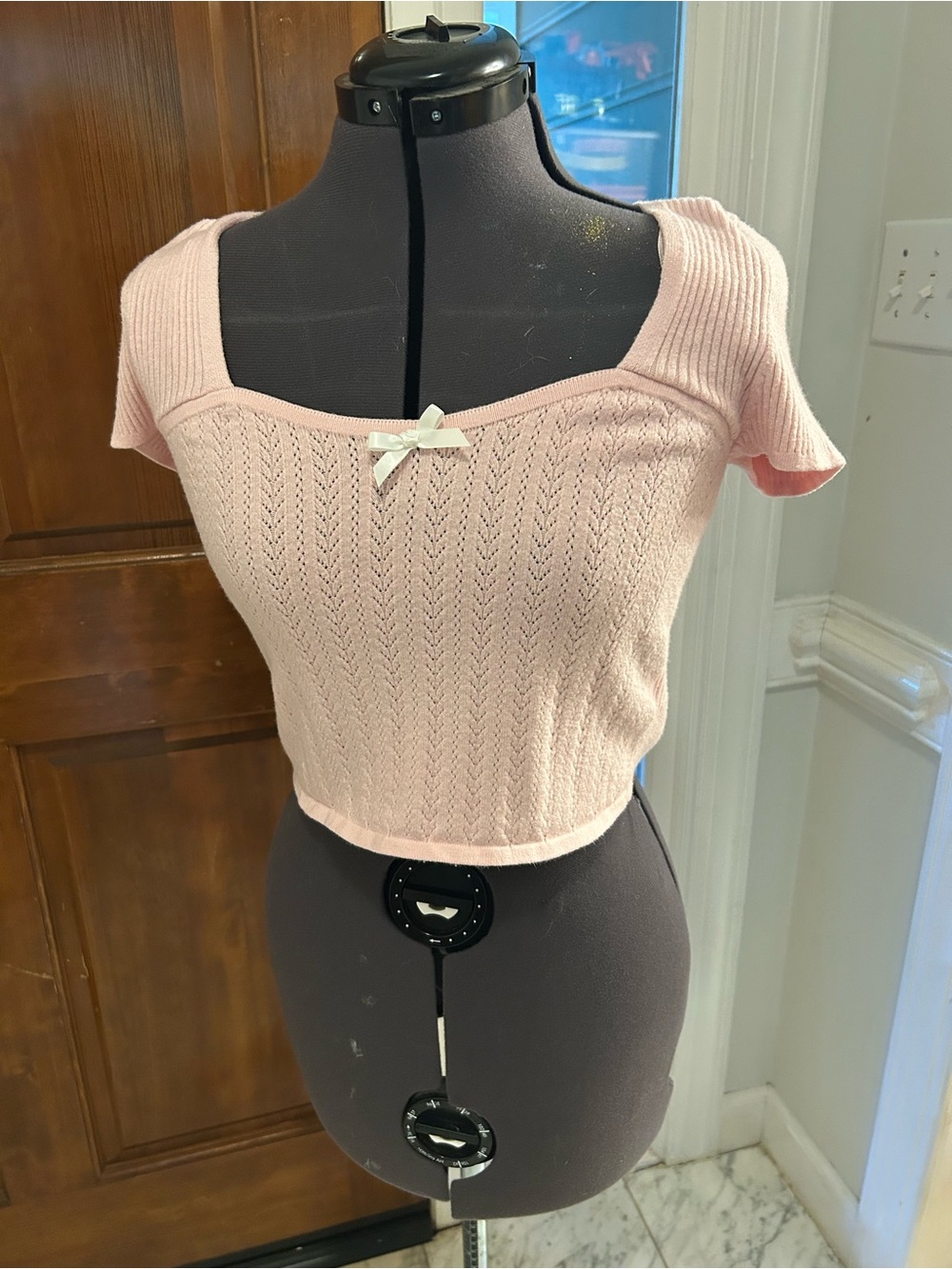 Soft Pink Knit Crop Top with Bow Detail